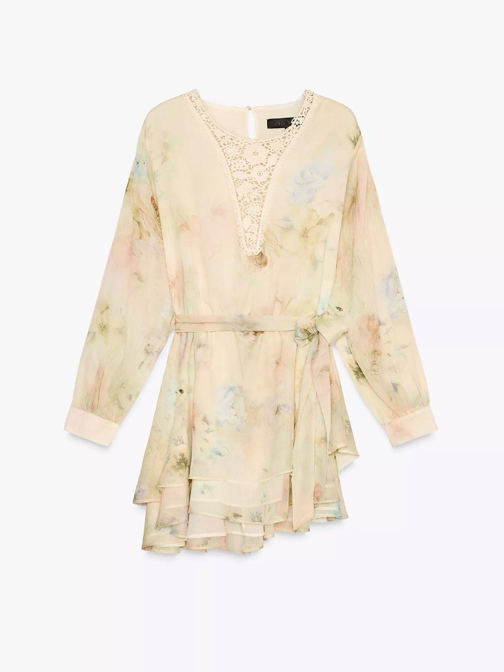 Zara Pastel Floral Crochet Tie-Waist Mini Dress